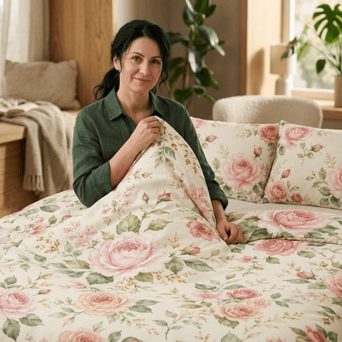 Vintage rose floral cotton duvet cover and matching sham set on a bed