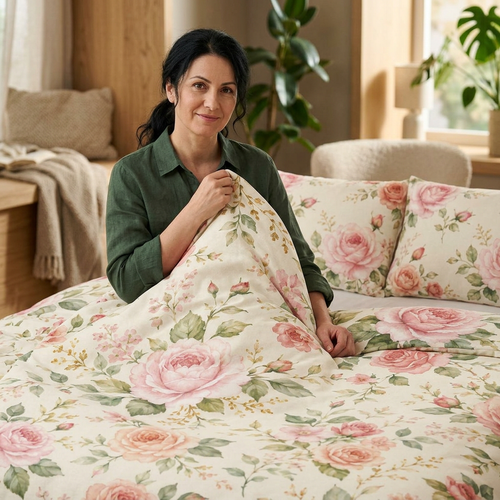 Vintage rose floral cotton duvet cover and matching sham set on a bed