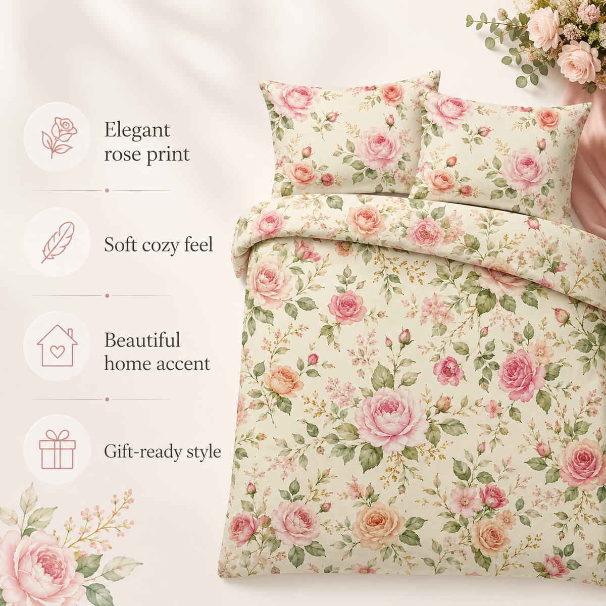 Vintage rose cottage duvet cover and sham set detail