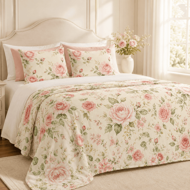 Rose floral duvet cover and matching pillow shams in a cozy bedroom