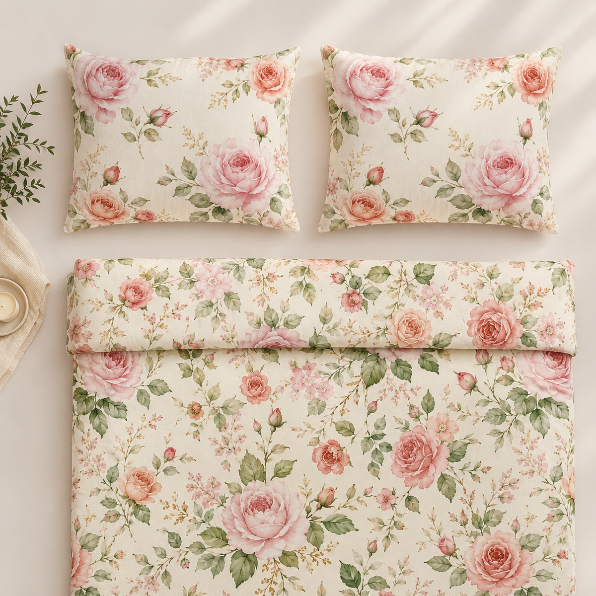 Soft rose floral cotton bedding set with duvet cover and shams