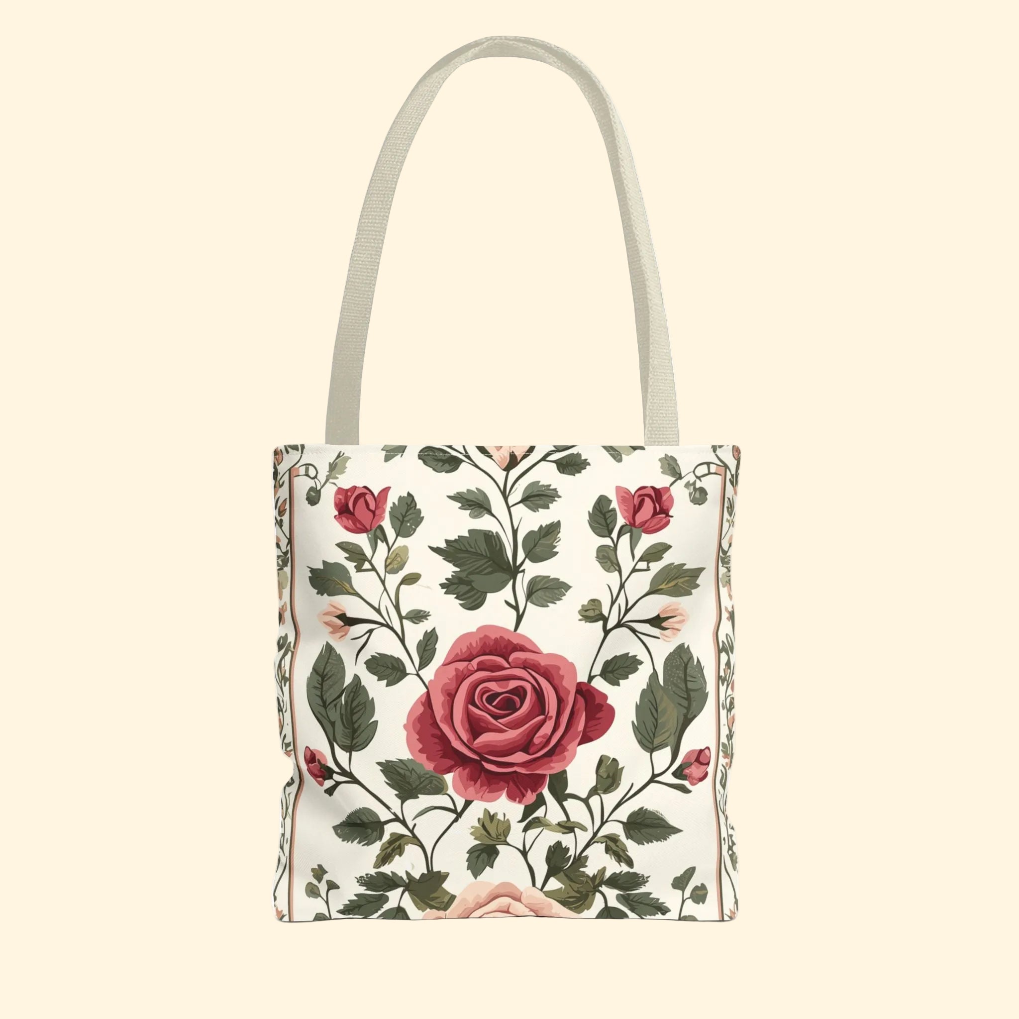 Floral tote bag with red roses on a white background