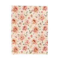 The larger 60 by 80 inch size laid flat, showing more of the repeating garden print