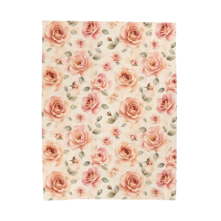 The larger 60 by 80 inch size laid flat, showing more of the repeating garden print
