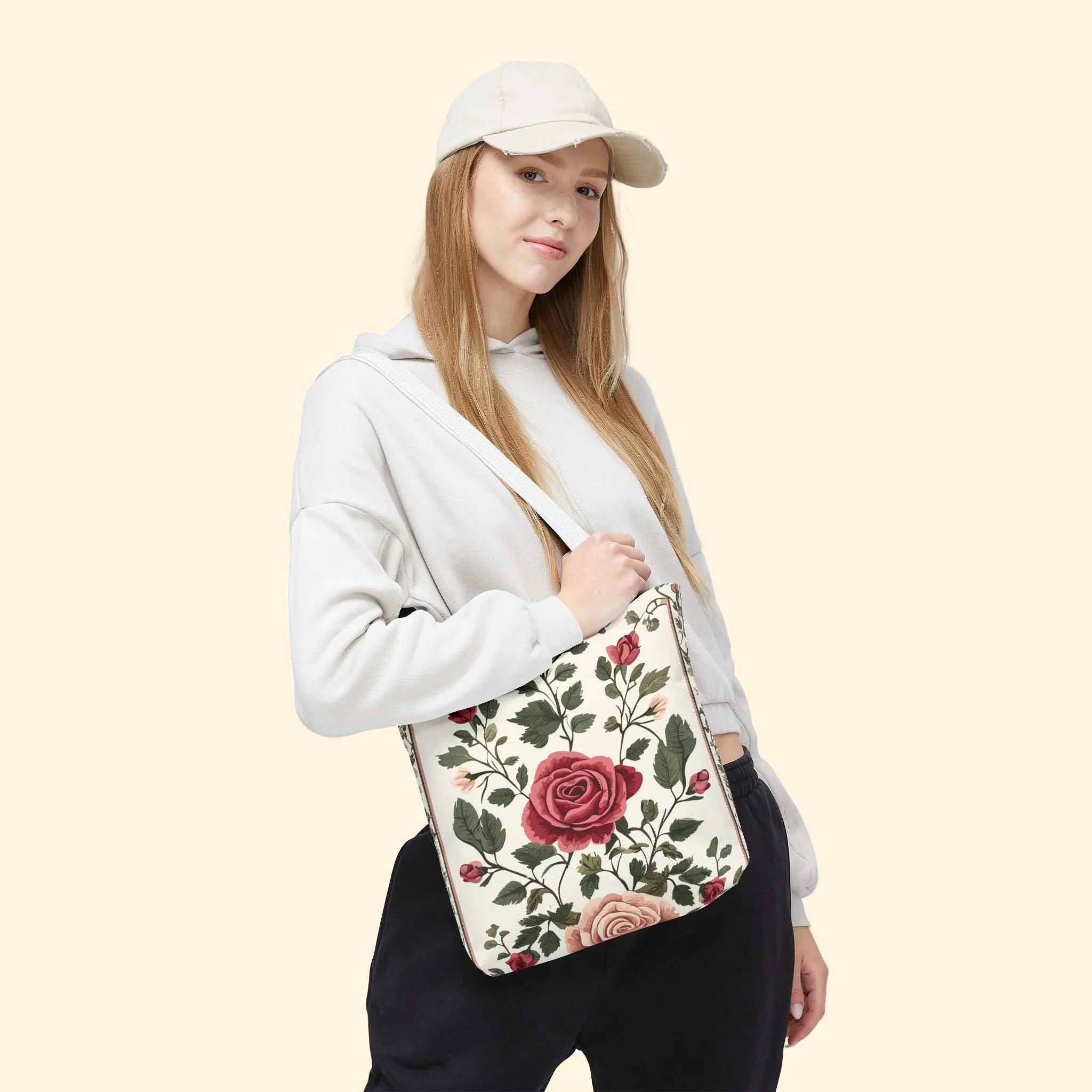 Woman holding a floral tote bag against a white background