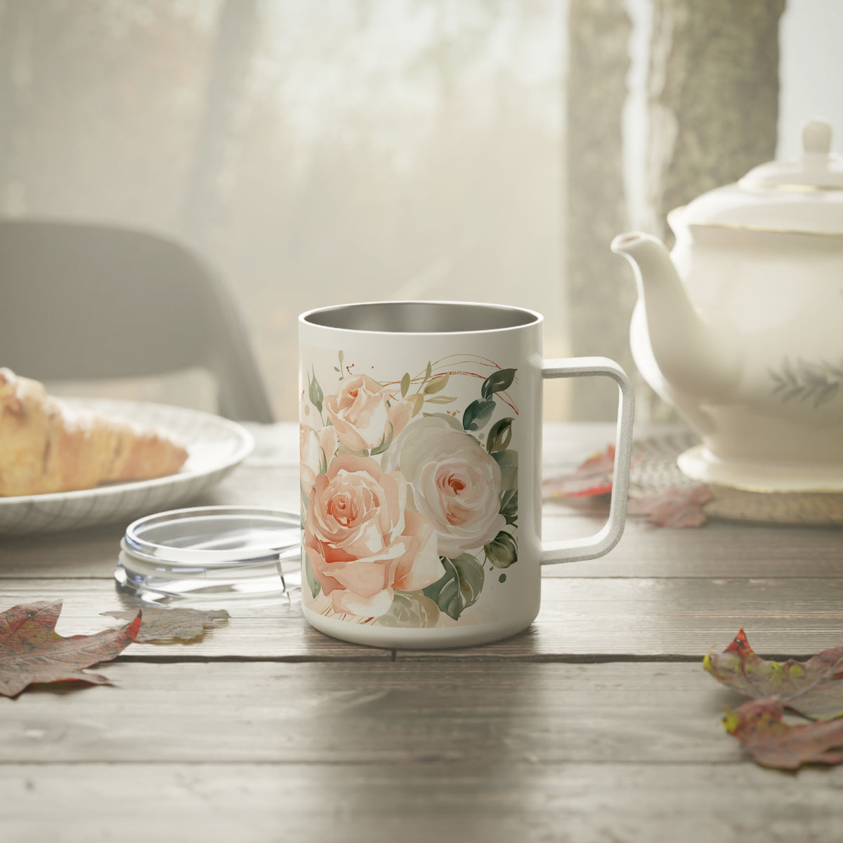 Hope Blooms Here floral travel mug styled with teapot and croissant — Laila's Garden insulated tumbler