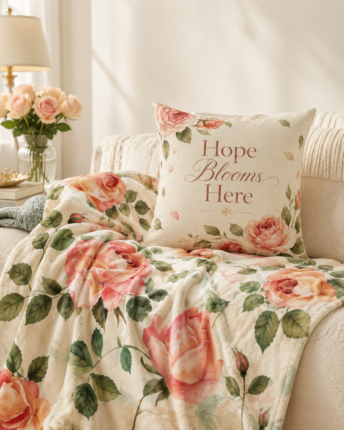 Comfort Bloom Set bundle from Laila's Garden — rose velveteen blanket and floral pillow gift set