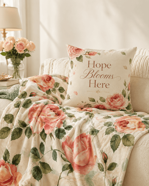Comfort Bloom Set bundle from Laila's Garden — rose velveteen blanket and floral pillow gift set