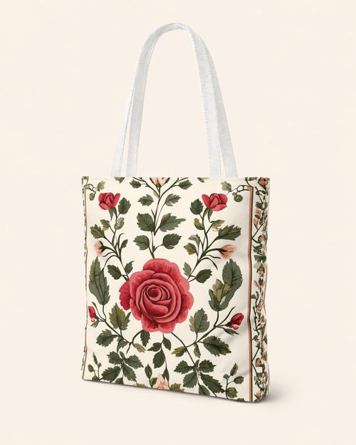 Palestinian Tatreez Rose Tote Bag - Heritage Embroidery Print Canvas Market Bag