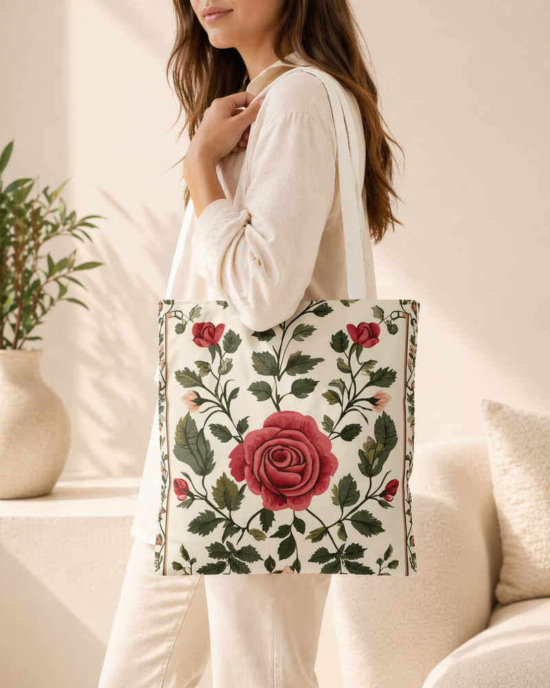 Palestinian Tatreez Rose Tote Bag - Heritage Embroidery Print Canvas Market Bag
