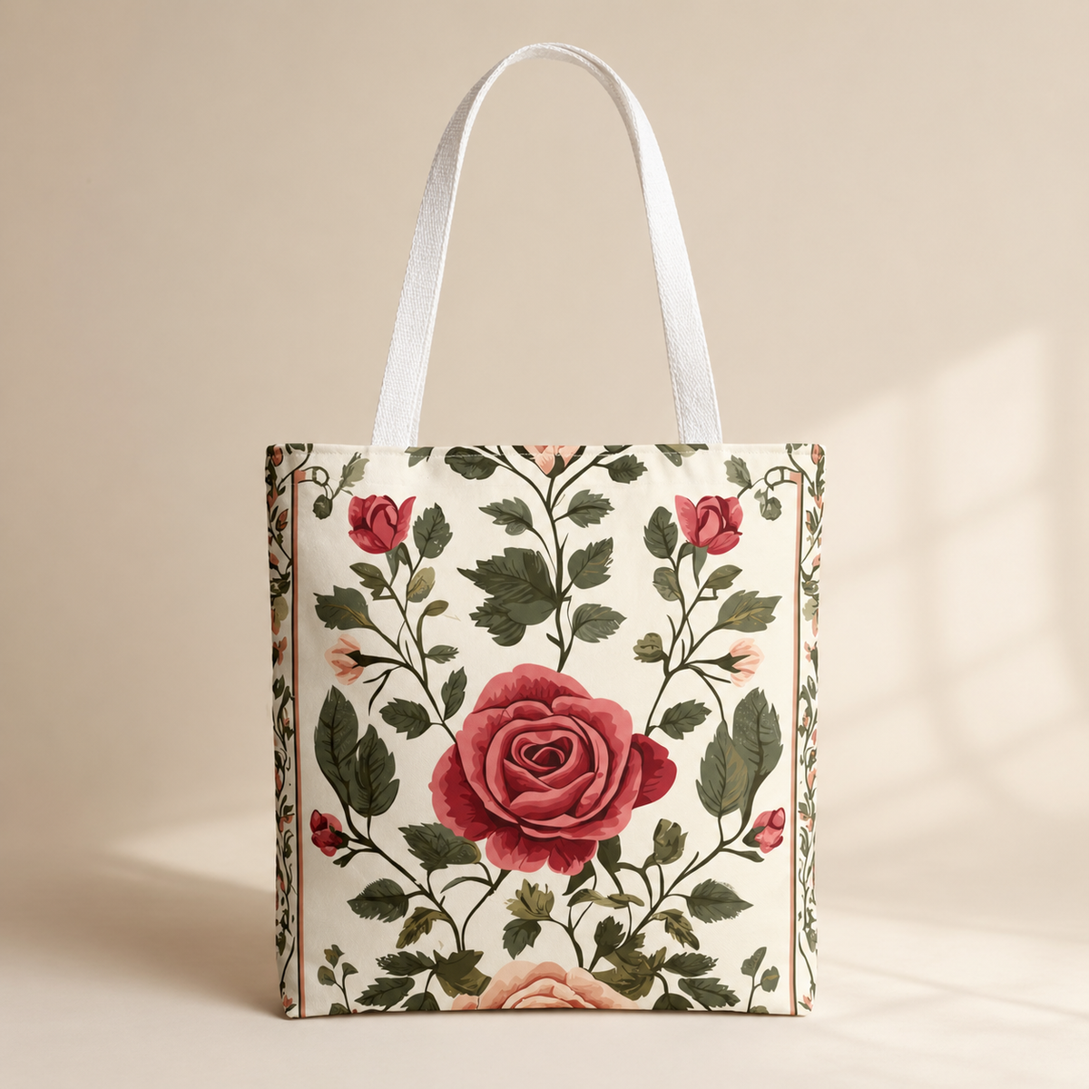 Watercolor floral tote bag — soft rose pattern in blush and sage tones, Laila's Garden
