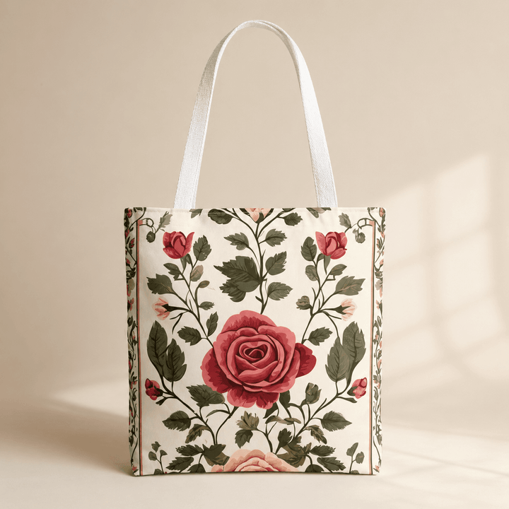 Watercolor floral tote bag — soft rose pattern in blush and sage tones, Laila's Garden