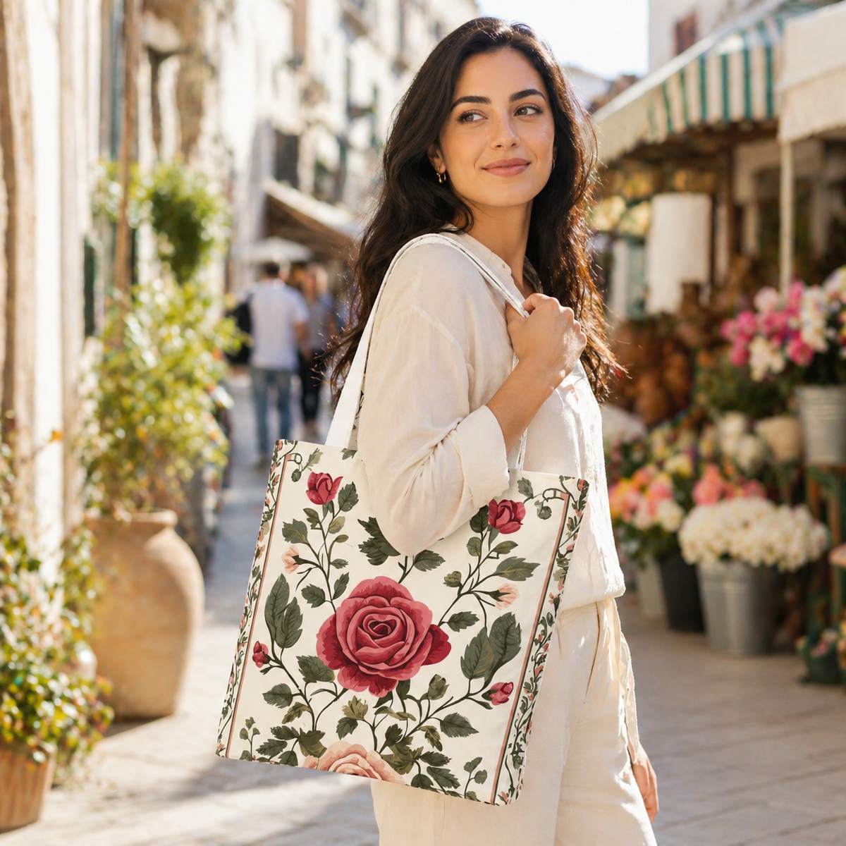 Soft rose floral market tote in blush pink and sage green — watercolor garden print from Laila's Garden