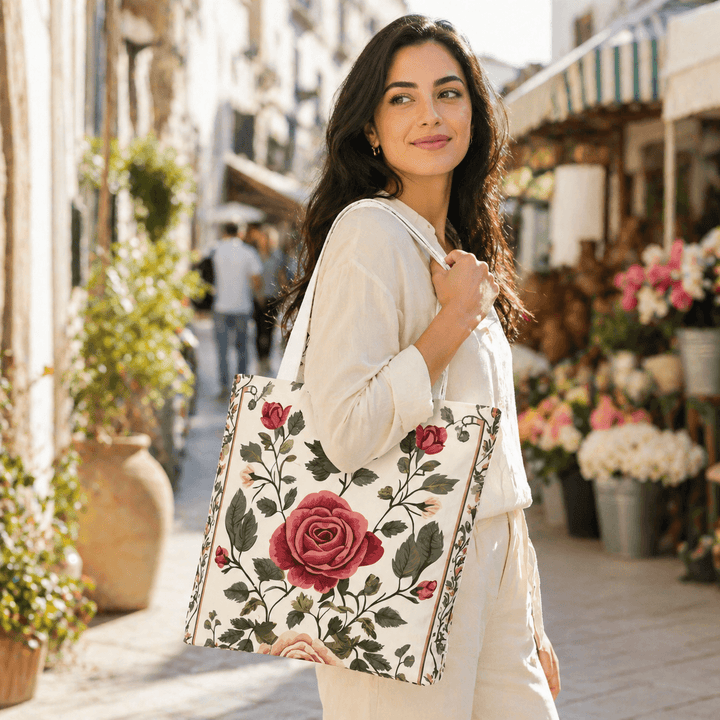 Soft rose floral market tote in blush pink and sage green — watercolor garden print from Laila's Garden