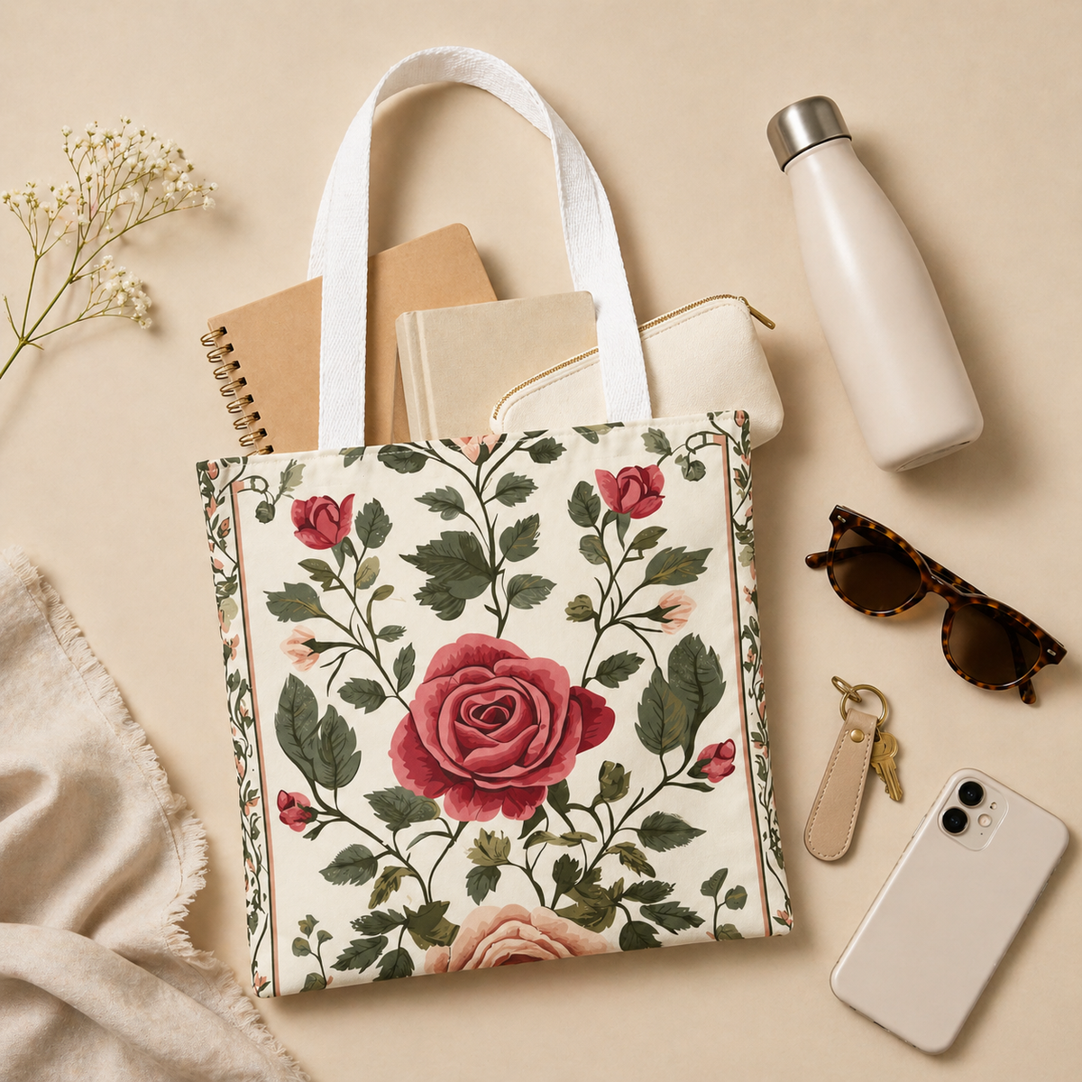 Floral market tote — white canvas style with all-over watercolor rose pattern, Laila's Garden