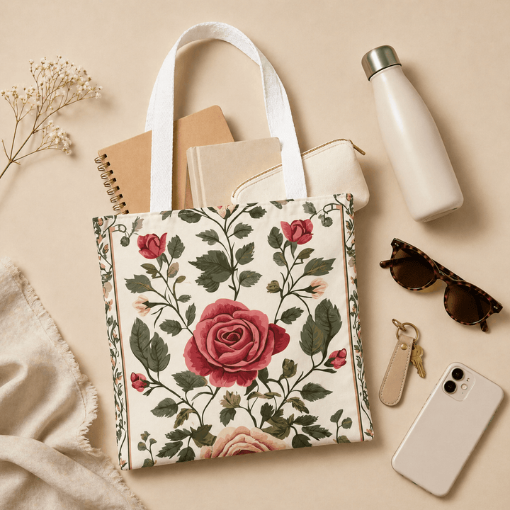 Floral market tote — white canvas style with all-over watercolor rose pattern, Laila's Garden