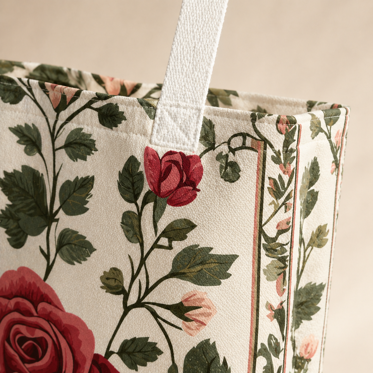 Soft rose floral tote — beige variant showing watercolor garden print