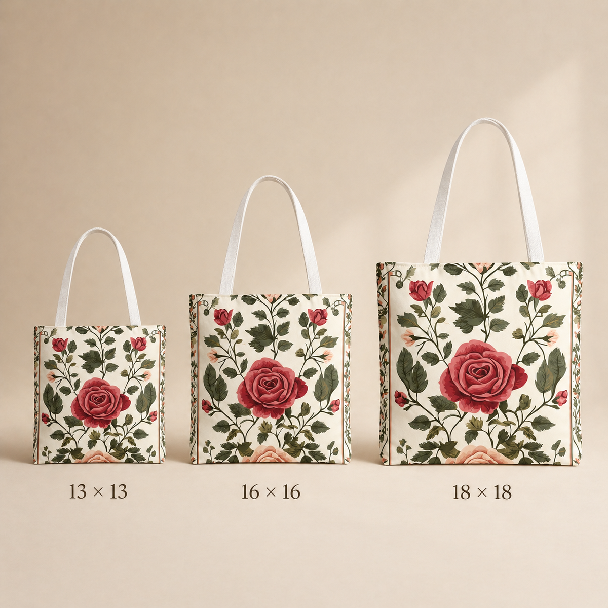 Floral market tote with reinforced handles — soft rose watercolor pattern detail