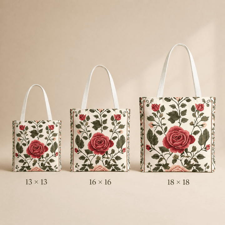 Floral market tote with reinforced handles — soft rose watercolor pattern detail