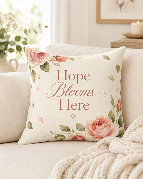 Hope Blooms Here floral pillow paired with rose velveteen throw — Laila's Garden ready-to-gift comfort set
