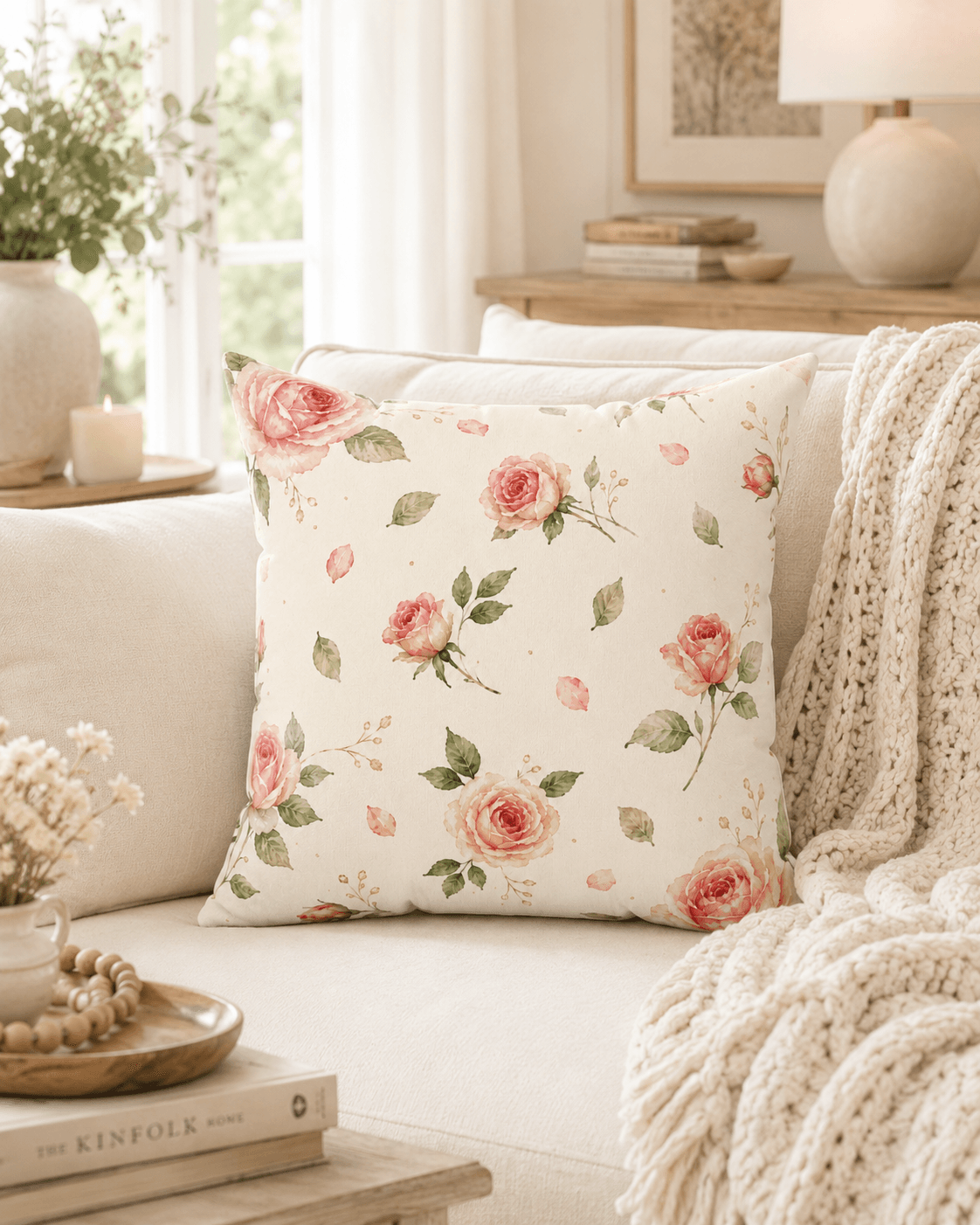 Hope Blooms Here pillow detail in Comfort Bloom Set — Laila's Garden watercolor rose gift bundle