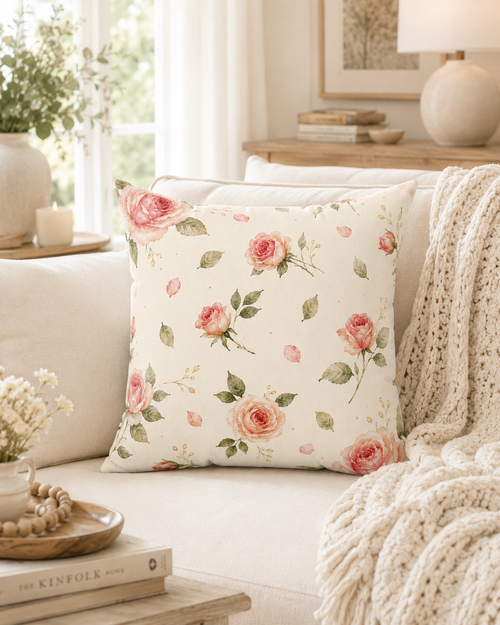 Hope Blooms Here pillow detail in Comfort Bloom Set — Laila's Garden watercolor rose gift bundle