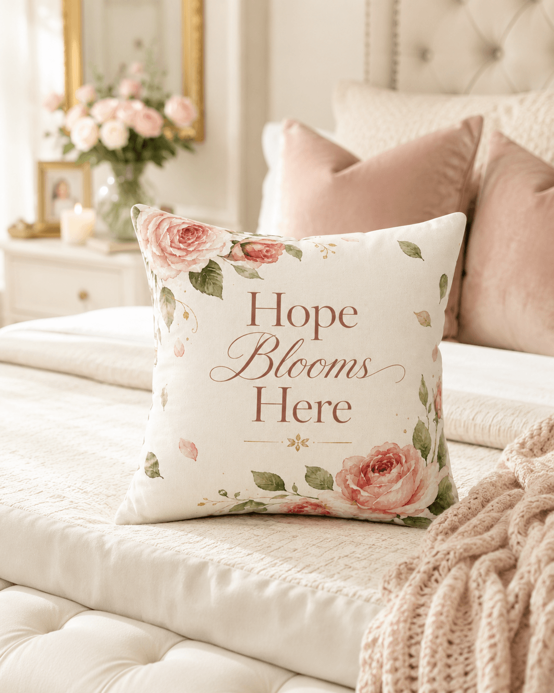 Laila's Garden pink rose throw pillow — 18-inch cottagecore decor with Hope Blooms Here sentiment