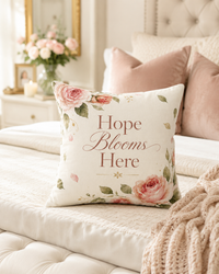 Laila's Garden pink rose throw pillow — 18-inch cottagecore decor with Hope Blooms Here sentiment
