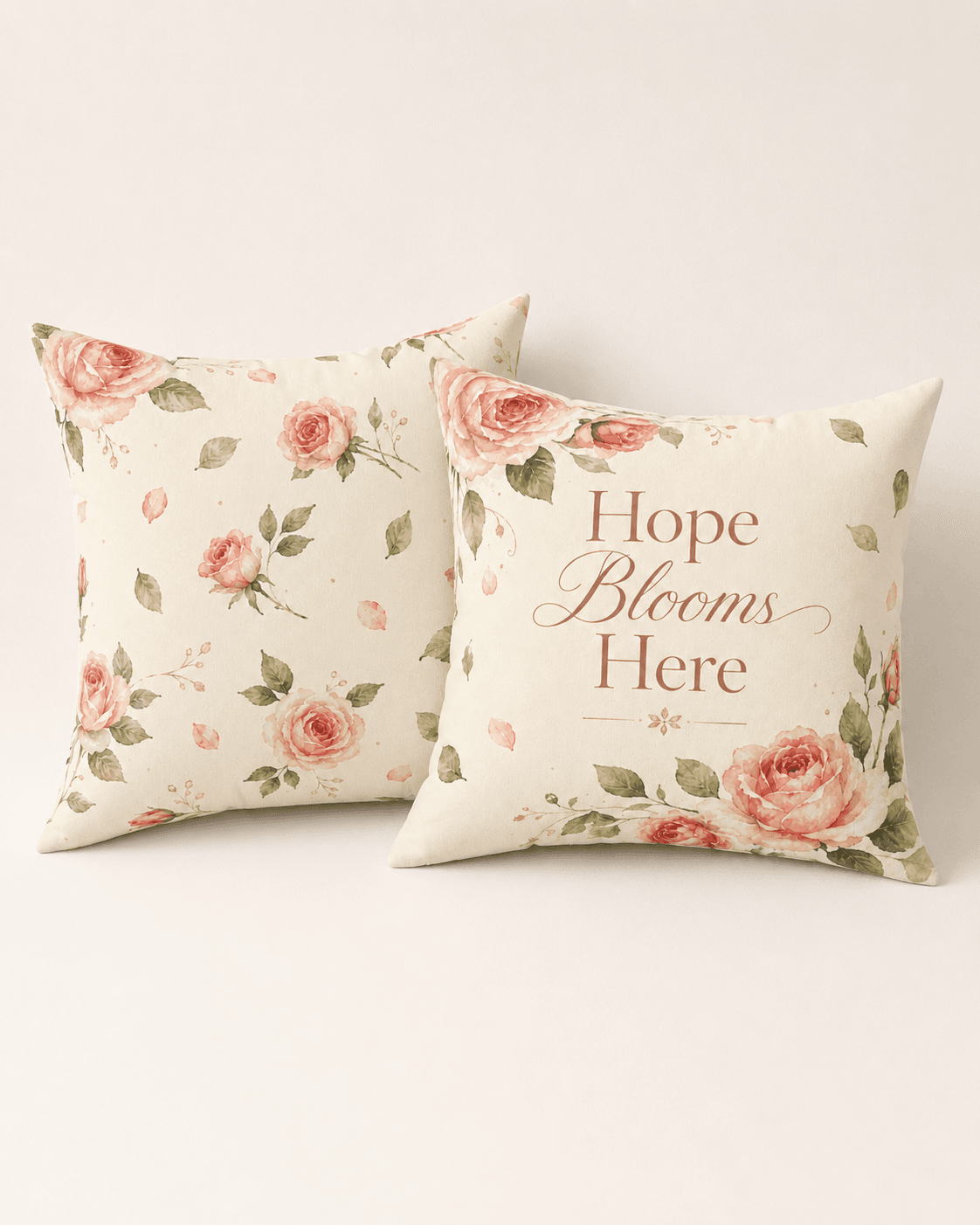 Rose throw pillow from Laila's Garden — Hope Blooms Here with soft watercolor blooms and sage