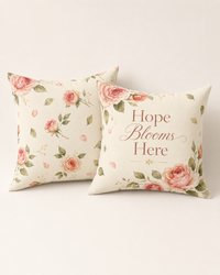 Rose throw pillow from Laila's Garden — Hope Blooms Here with soft watercolor blooms and sage
