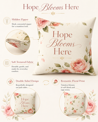 Laila's Garden floral pillow close-up — Hope Blooms Here rose-gold text on cream cotton fabric