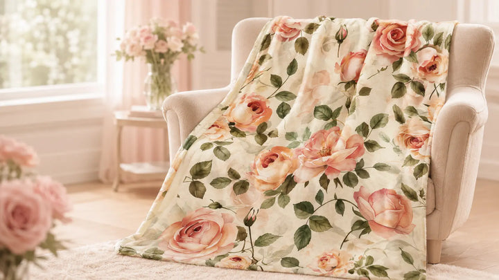 Floral-patterned blanket draped over a chair in a bright room with flowers.