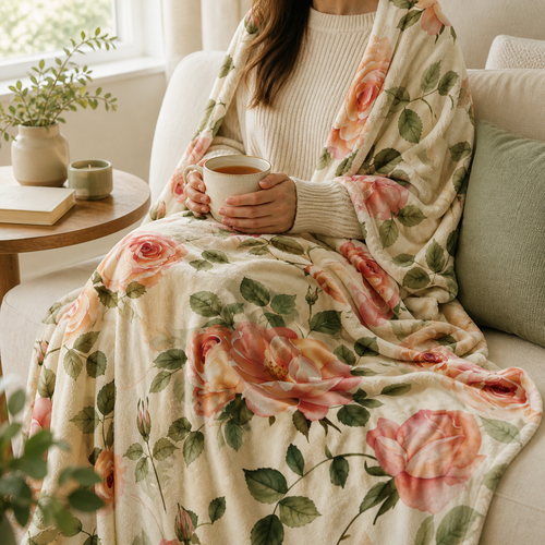 Bloom with Hope blanket draped softly — watercolor rose pattern in blush and sage, Laila's Garden