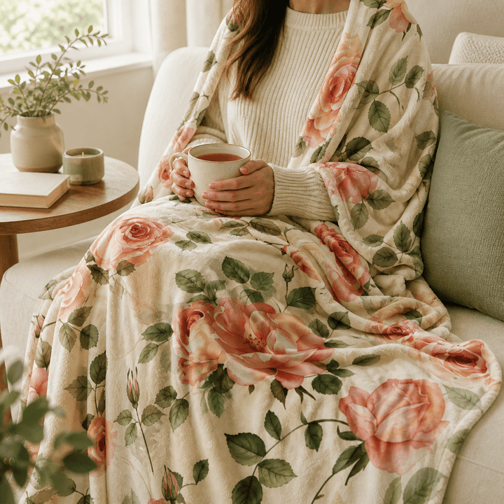 Bloom with Hope blanket draped softly — watercolor rose pattern in blush and sage, Laila's Garden