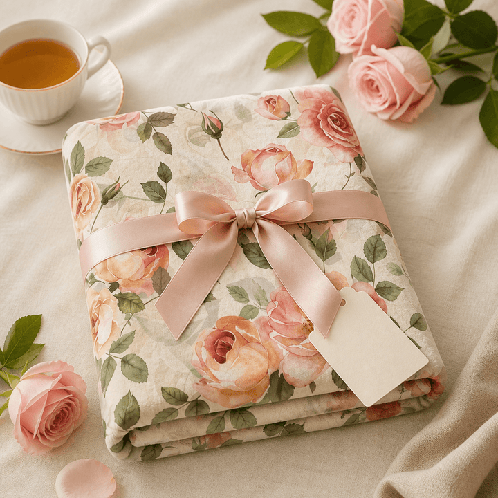 Laila's Garden rose blanket in lifestyle setting — cozy velveteen throw with blush watercolor design