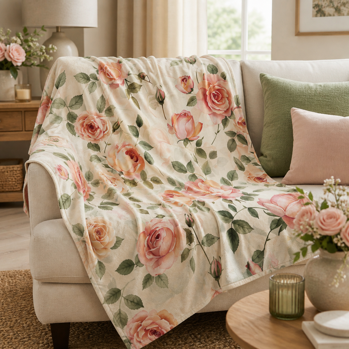Watercolor rose blanket close-up — part of Laila's Garden Comfort Bloom Set gift bundle