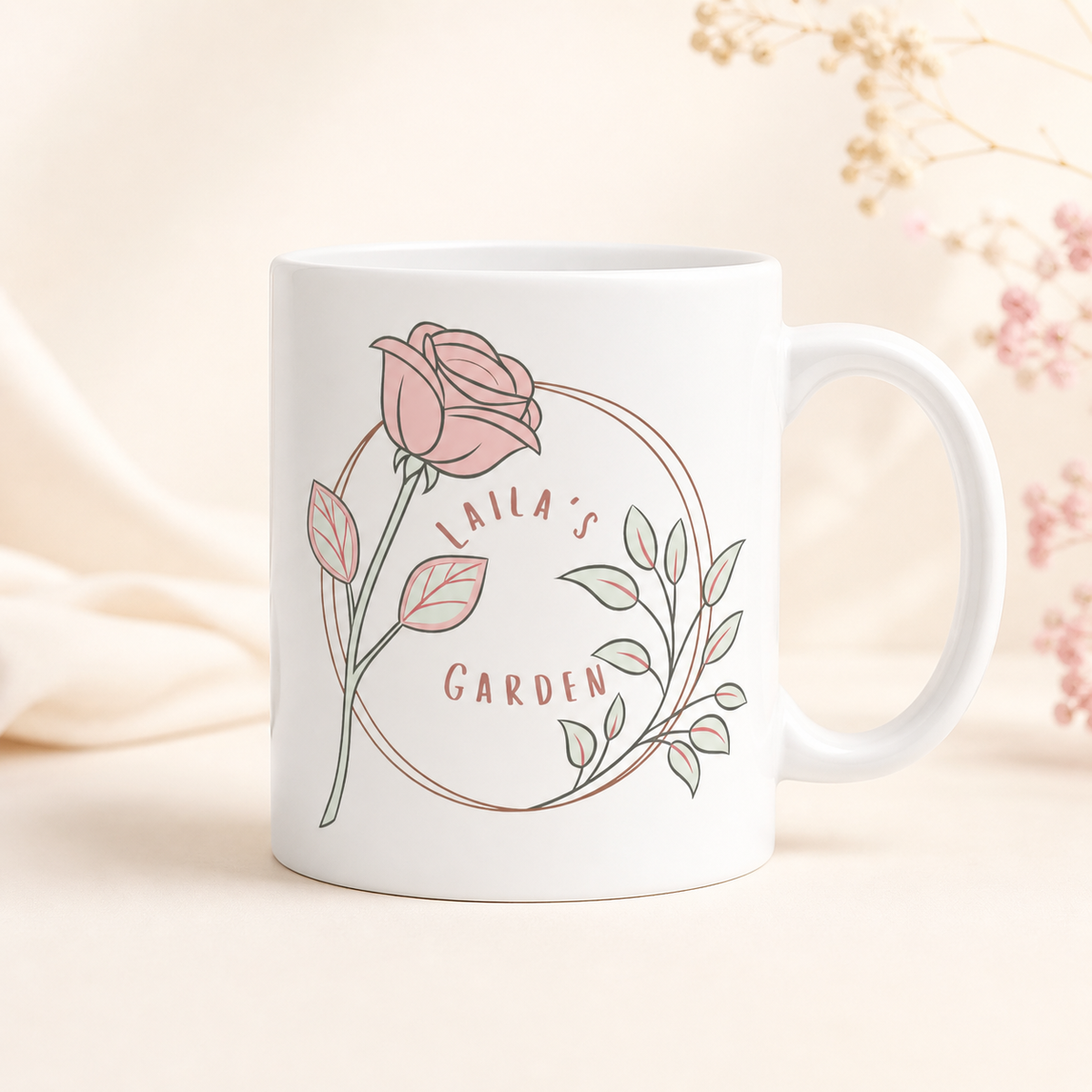 Laila's Garden rose wreath coffee mug — soft blush watercolor design, a comfort gift where hope blooms