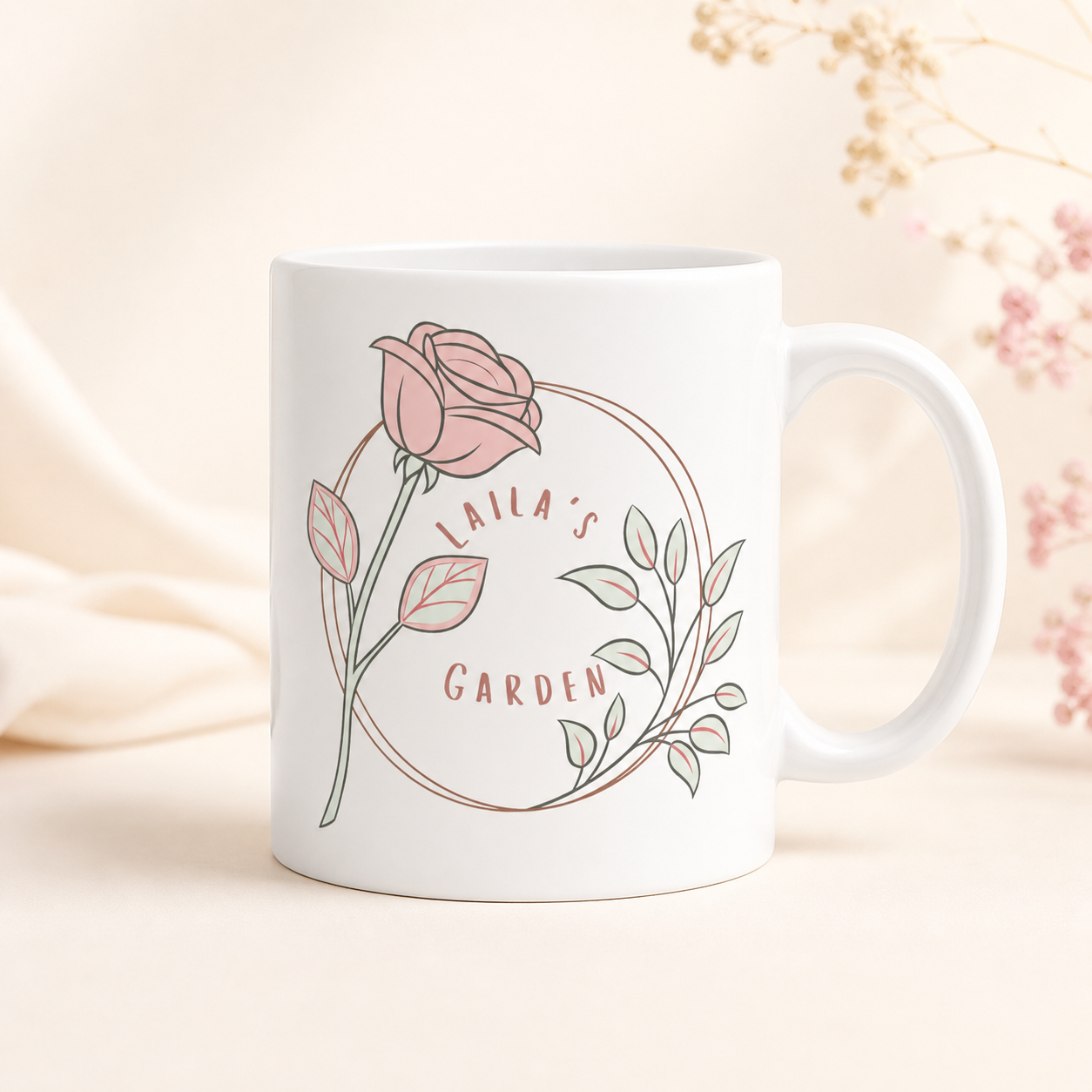 Laila's Garden rose wreath coffee mug — soft blush watercolor design, a comfort gift where hope blooms
