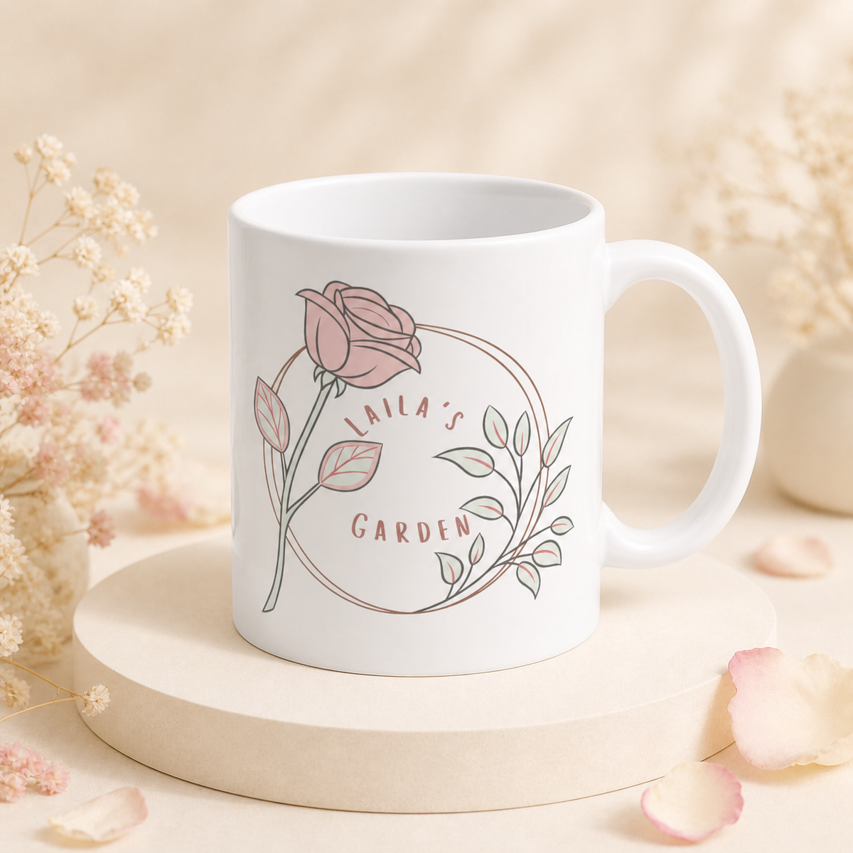 Rose wreath mug in sage and blush tones — Laila's Garden floral coffee cup