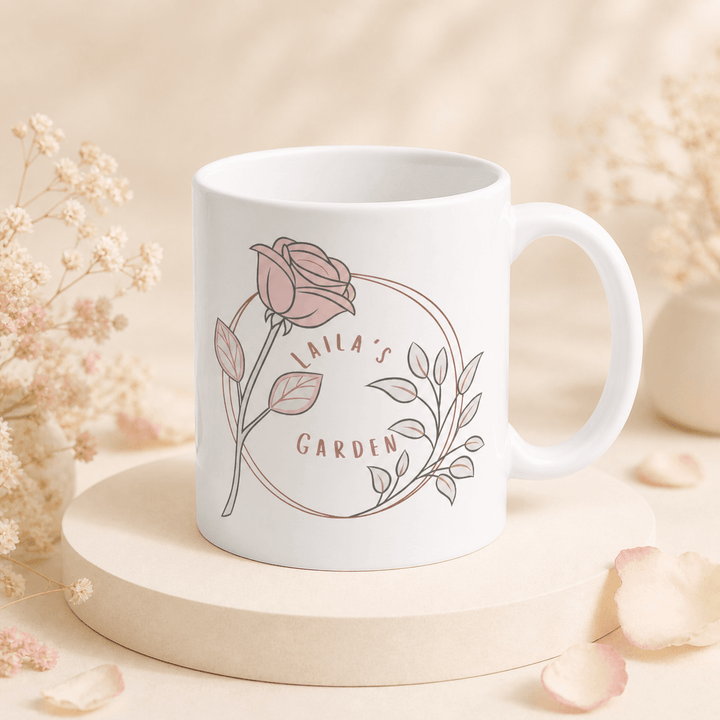 Rose wreath mug in sage and blush tones — Laila's Garden floral coffee cup