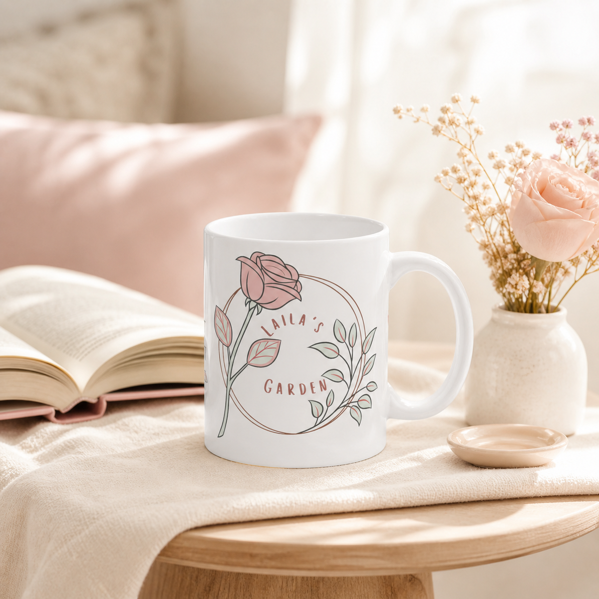Close-up of rose wreath mug design — delicate pink blooms and green leaves from Laila's Garden
