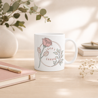 Rose wreath ceramic mug from above — blush and sage floral pattern, Laila's Garden 11oz comfort cup