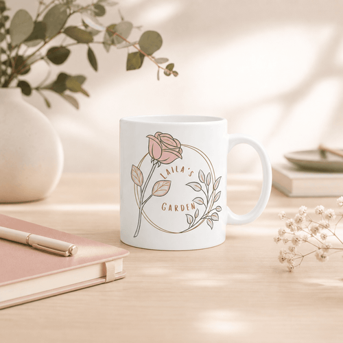 Rose wreath ceramic mug from above — blush and sage floral pattern, Laila's Garden 11oz comfort cup