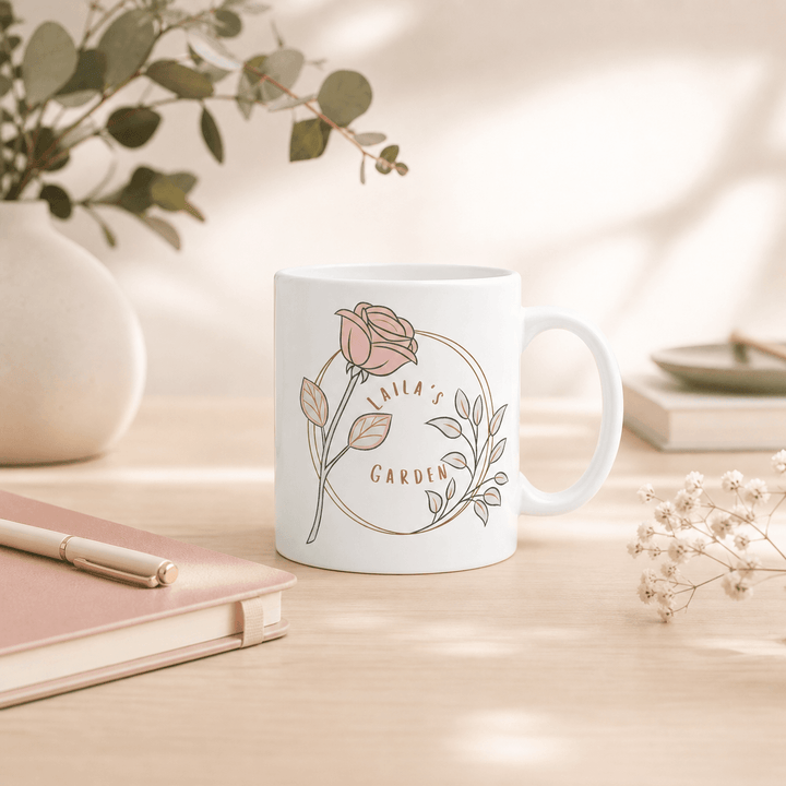 Rose wreath ceramic mug from above — blush and sage floral pattern, Laila's Garden 11oz comfort cup