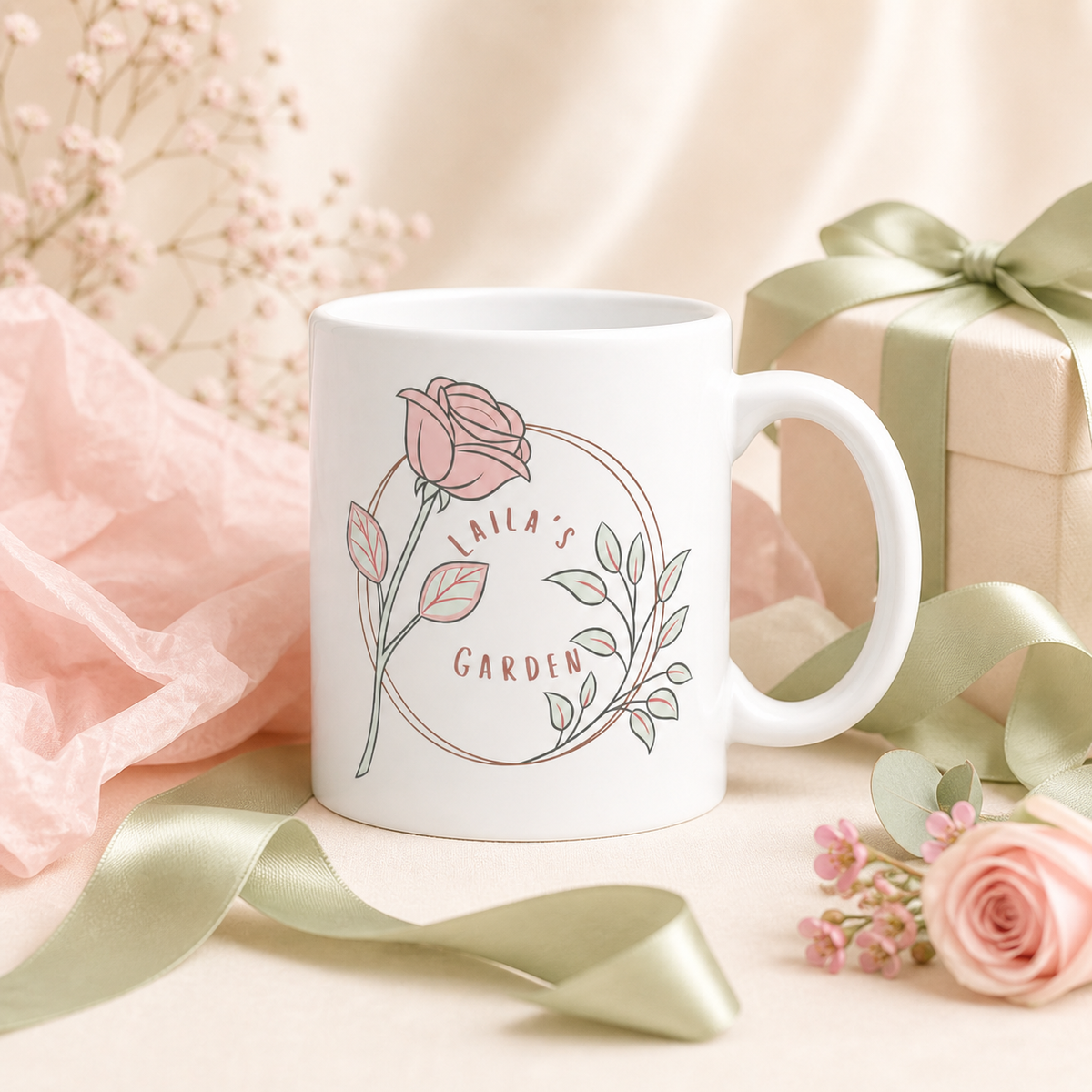 Rose wreath mug in soft morning light — Laila's Garden floral ceramic cup