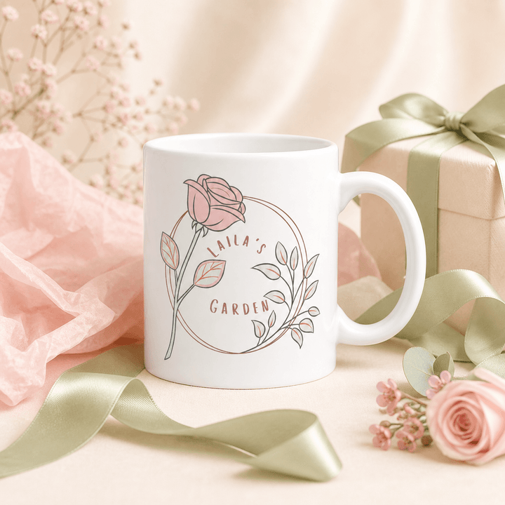 Rose wreath mug in soft morning light — Laila's Garden floral ceramic cup