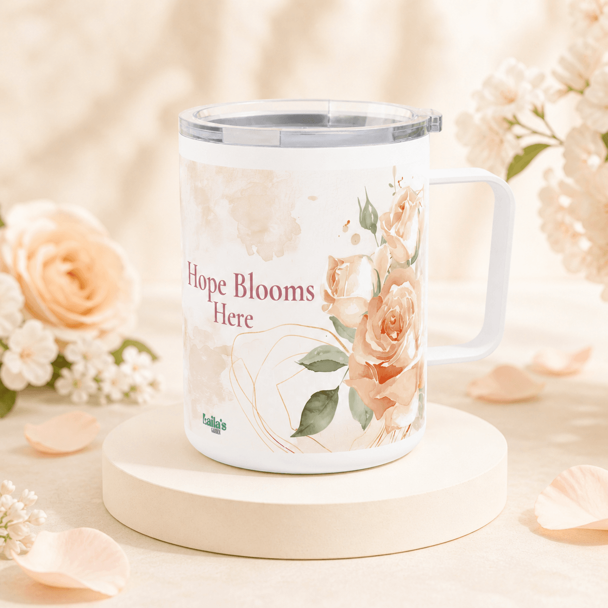 Laila's Garden Hope Blooms Here travel mug — 10oz stainless steel with soft rose watercolor pattern