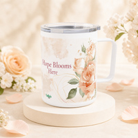 Laila's Garden Hope Blooms Here travel mug — 10oz stainless steel with soft rose watercolor pattern