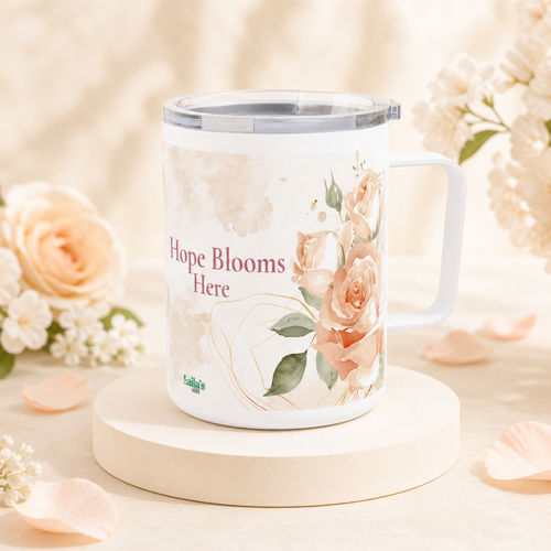 Laila's Garden Hope Blooms Here travel mug — 10oz stainless steel with soft rose watercolor pattern
