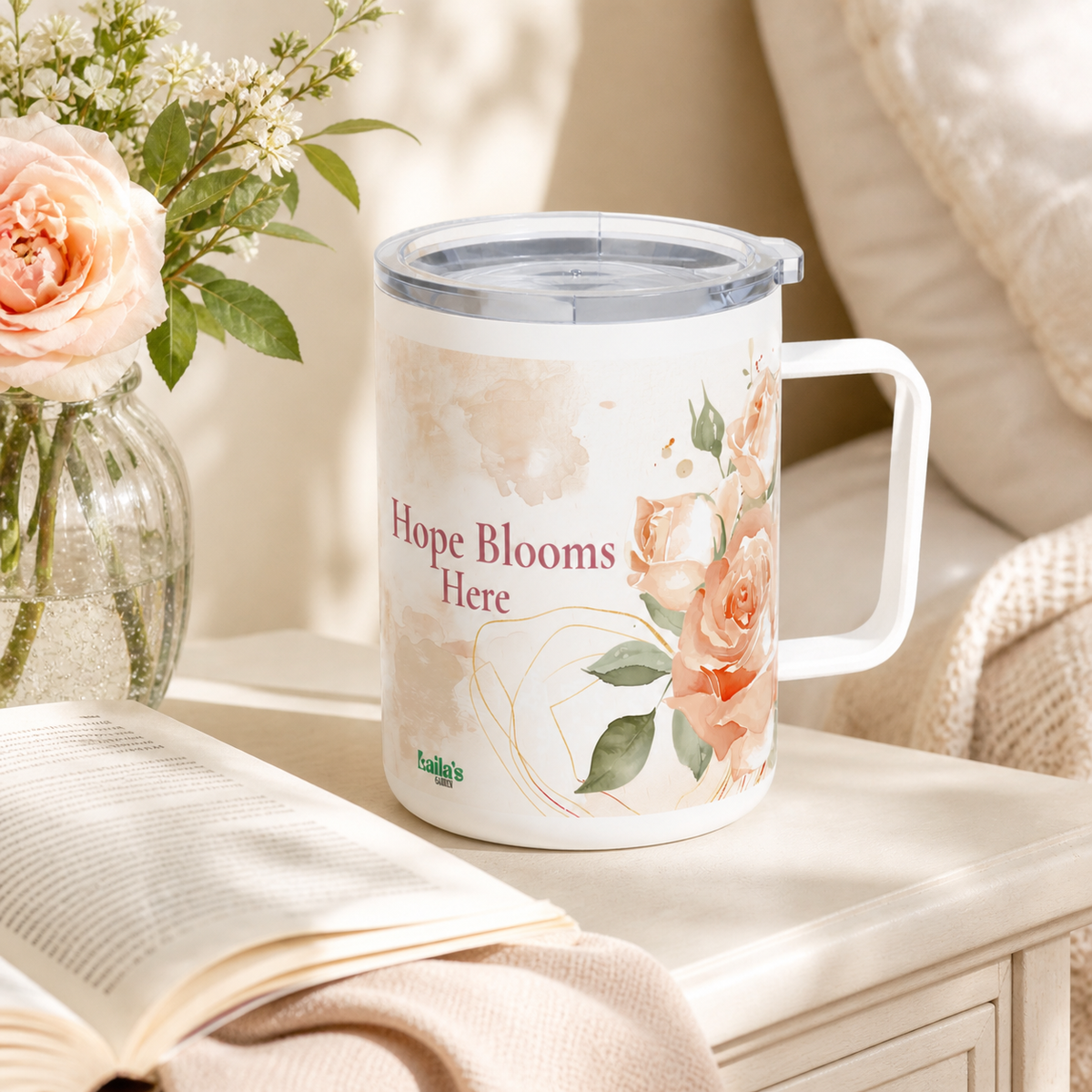 Hope Blooms Here insulated coffee mug close-up — Laila's Garden floral travel tumbler